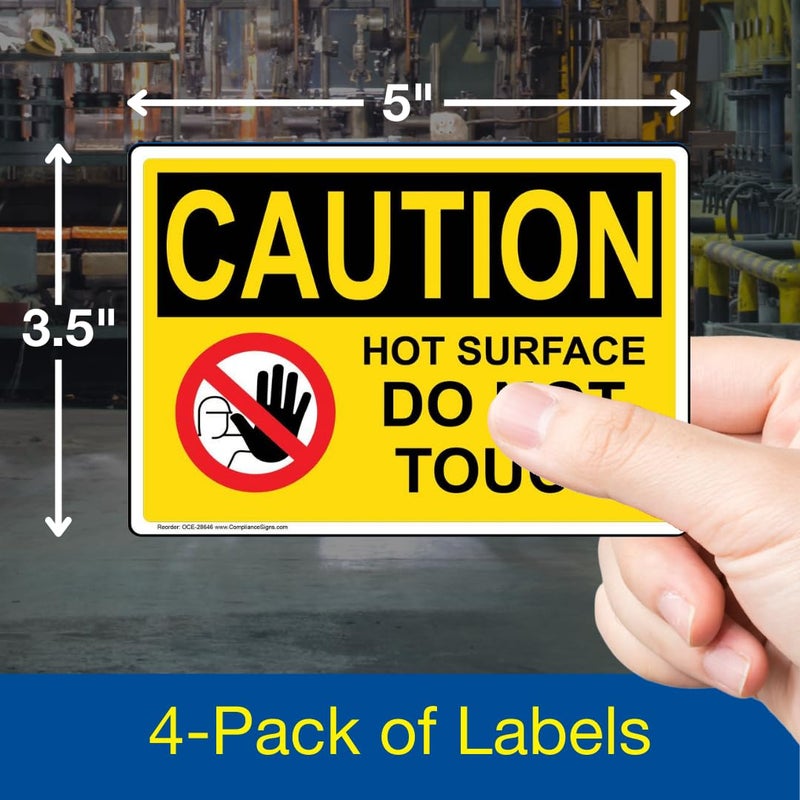 ComplianceSigns.com CAUTION Hot Surface Do Not Touch OSHA Label Decal, 5x3.5 inch 4-Pack Vinyl for Process Hazards - Image 2